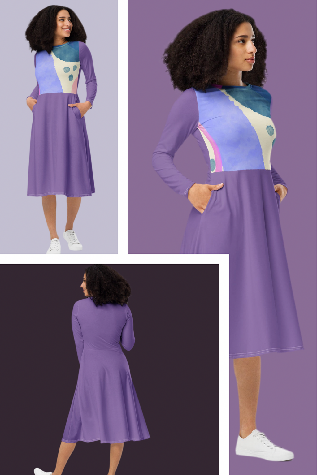 All-over print long sleeve midi dress