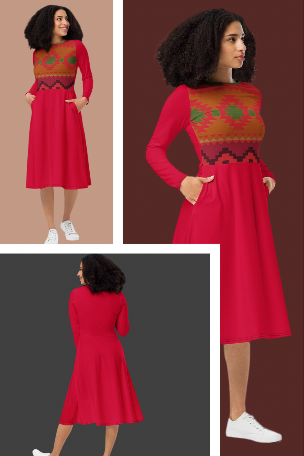 All-over print long sleeve midi dress