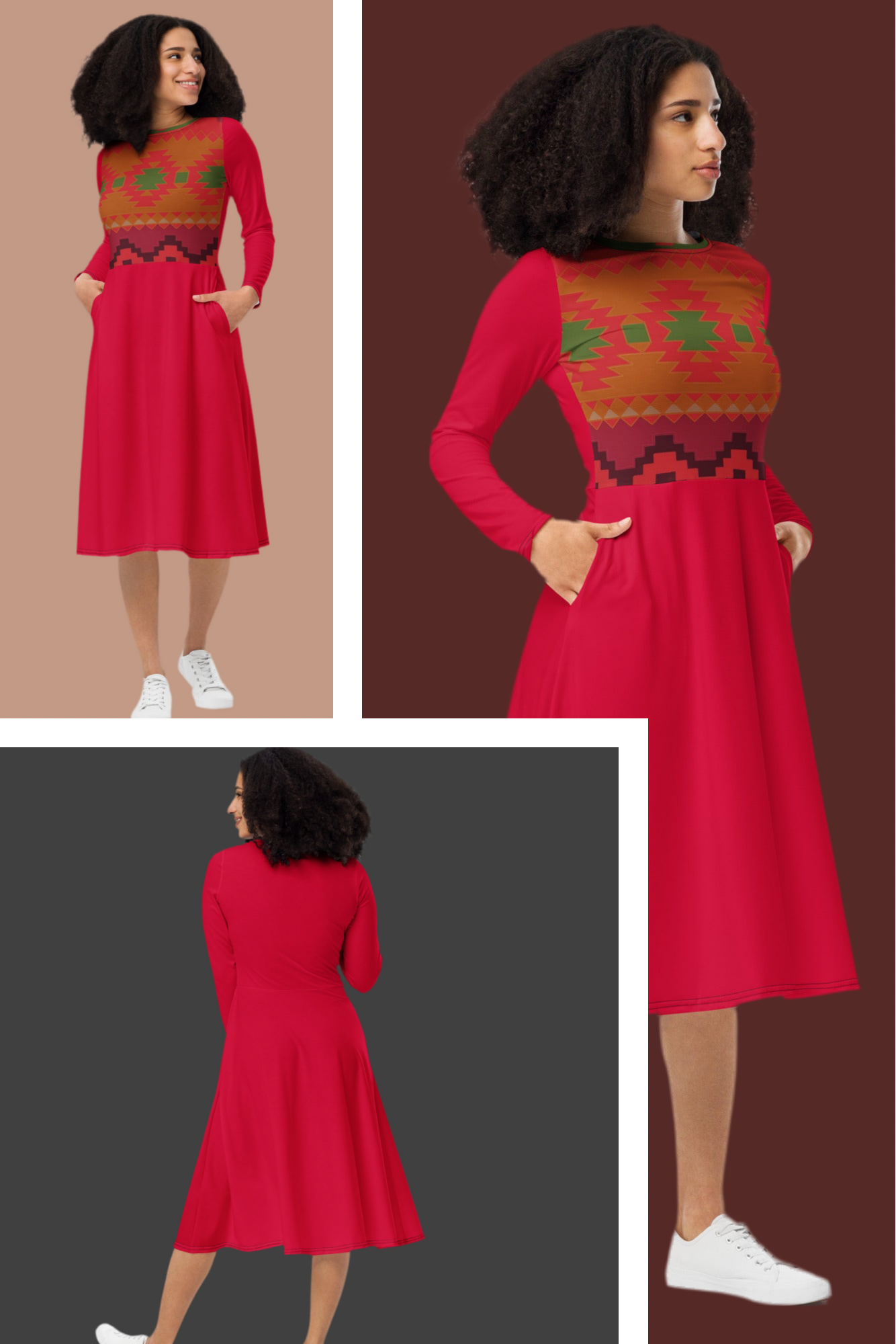 All-over print long sleeve midi dress