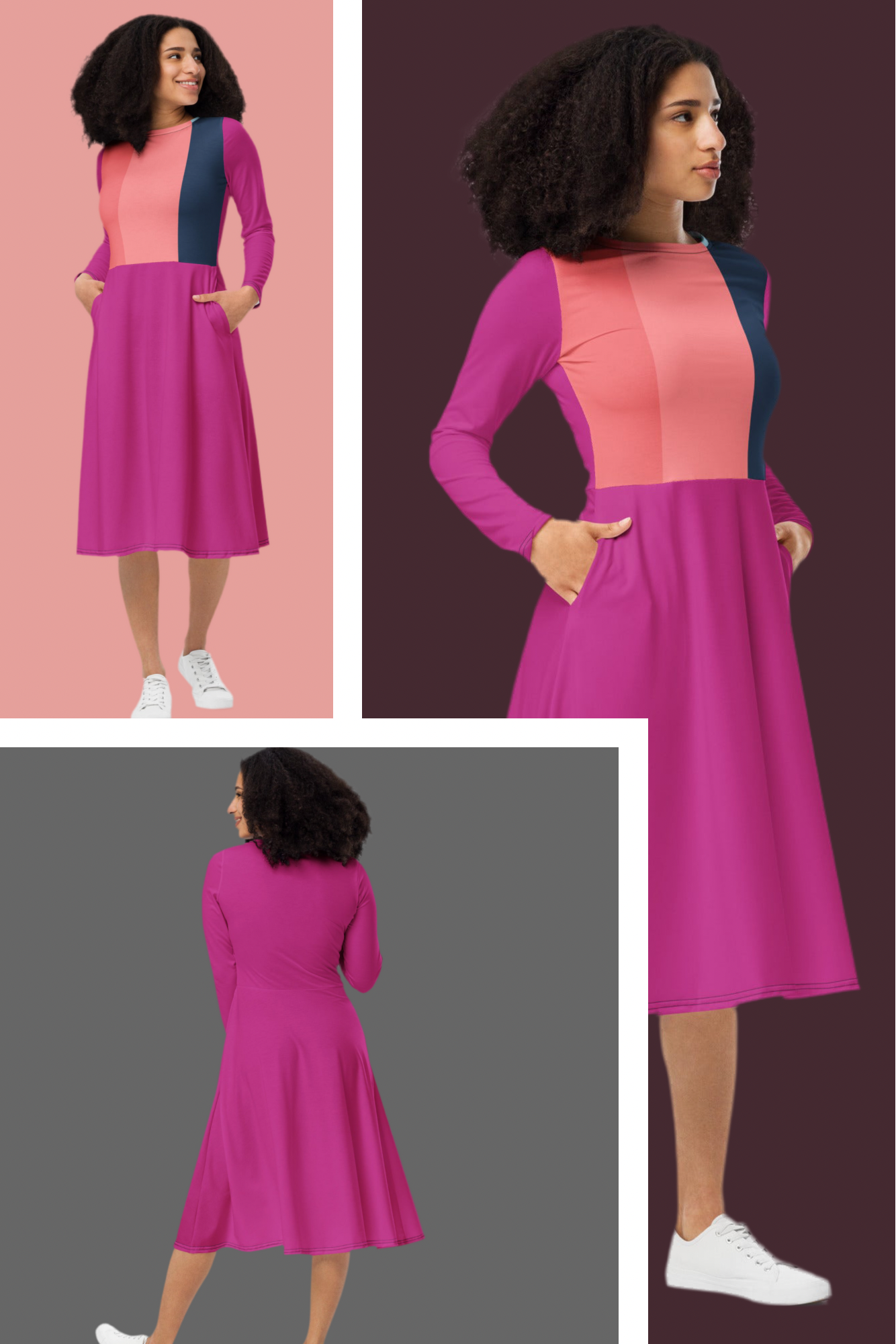 All-over print long sleeve midi dress